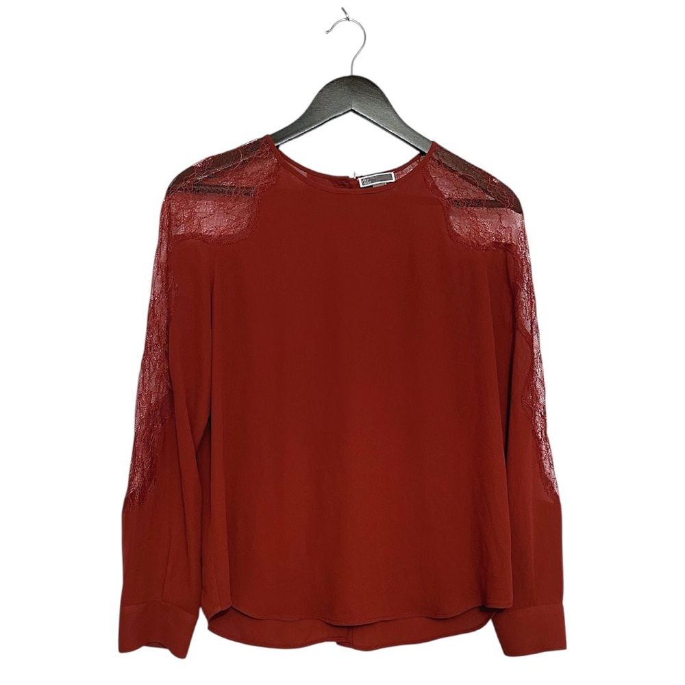 Chelsea28 Rust Lace Sleeve Blouse Sheer Panel Top Size Small Romantic Feminine